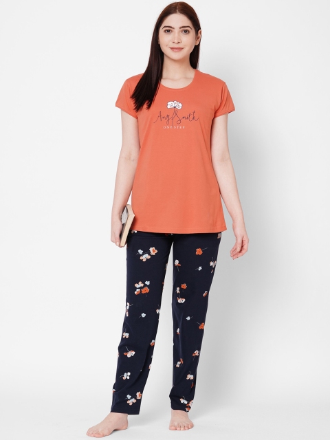 

ZOLA Women Orange & Navy Blue Printed Pure Cotton 2 Pc Night Suit