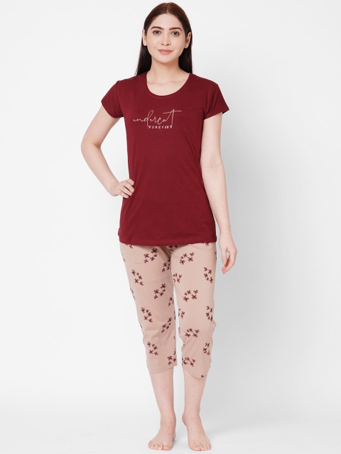 

ZOLA Women Maroon & Beige Printed Night suit