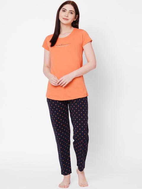 

ZOLA Women Orange & Navy Blue Printed Pure Cotton Night Suit