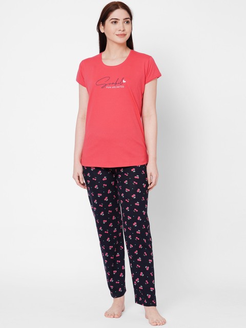 

ZOLA Women Pink & Black Conversational Printed Pure Cotton Night Suit