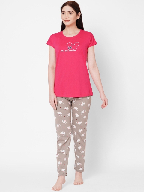 

ZOLA Women Pink & Grey Printed Pure Cotton Night suit