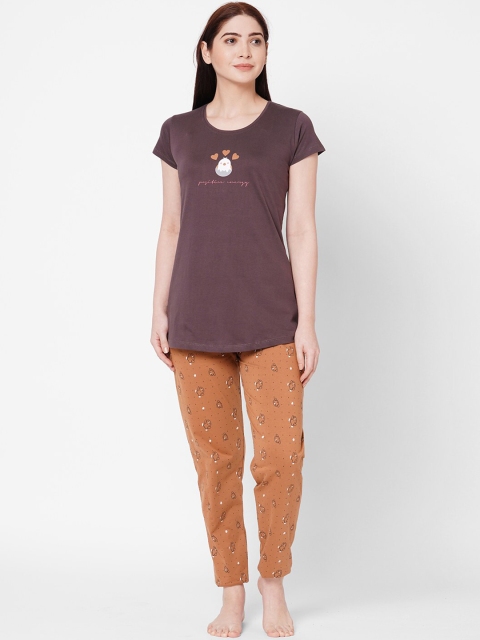 

ZOLA Women Brown & Purple Printed Cotton Night suit
