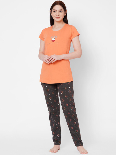 

ZOLA Women Orange & Grey Printed Night suit