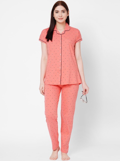 

ZOLA Women Peach-Coloured & White Printed Pure Cotton Night suit