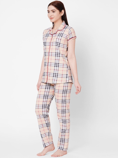 

ZOLA Women Beige & Black Checked Pure Cotton Night suit