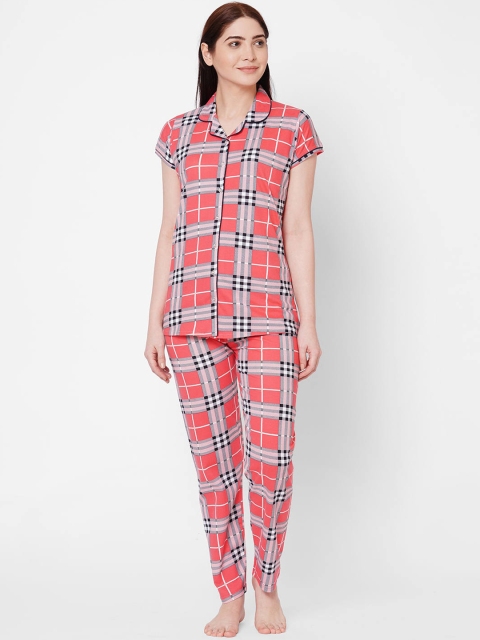 

ZOLA Women Peach-Coloured & Grey Checked Cotton Night suit