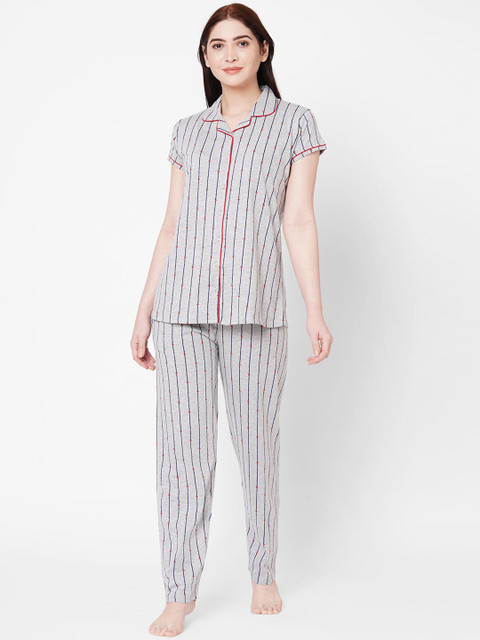 

ZOLA Women Navy Blue & Grey Striped Pure Cotton Night suit