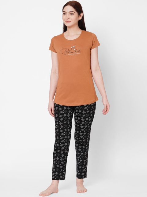 

ZOLA Women Tan & Black Printed Pure Cotton Night suit