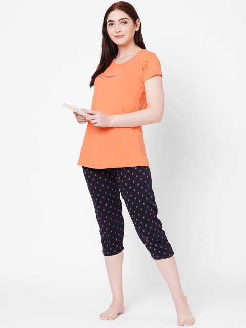 

ZOLA Women Orange & Navy Blue Printed Pure Cotton 2 Pc Night Suit
