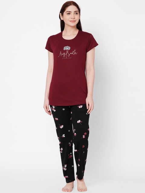 

ZOLA Women Maroon & Black Printed Cotton Night suit