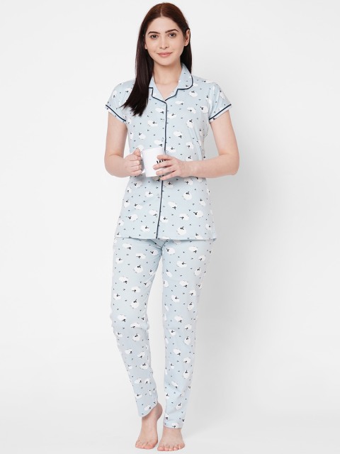 

ZOLA Women Blue & White Printed Pure Cotton Night suit