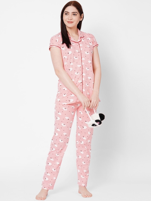 

ZOLA Women Pink & White Printed Pure Cotton Night suit