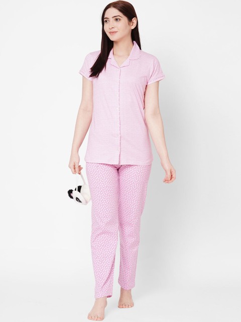 

ZOLA Women Pink & White Printed Pure Cotton Night suit