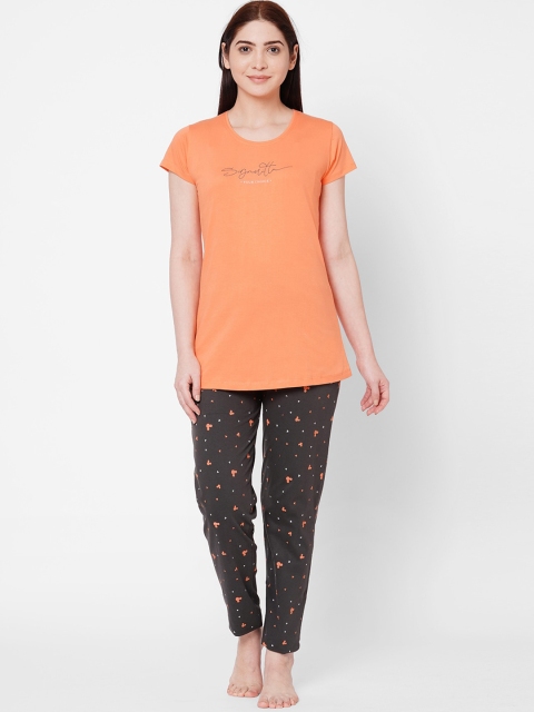 

ZOLA Women Orange & Black Pure Cotton Printed Night suit