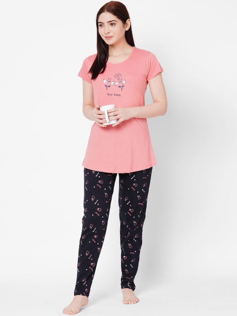 

ZOLA Women Pink & Navy Blue Printed Cotton Night suit