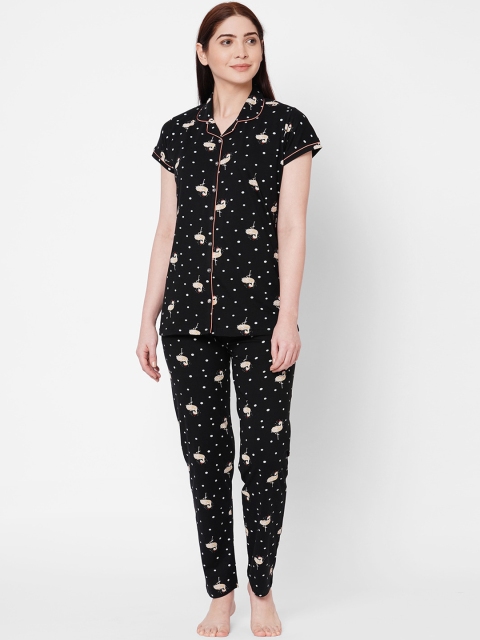 

ZOLA Women Black & White Printed Lapel Collar Night suit