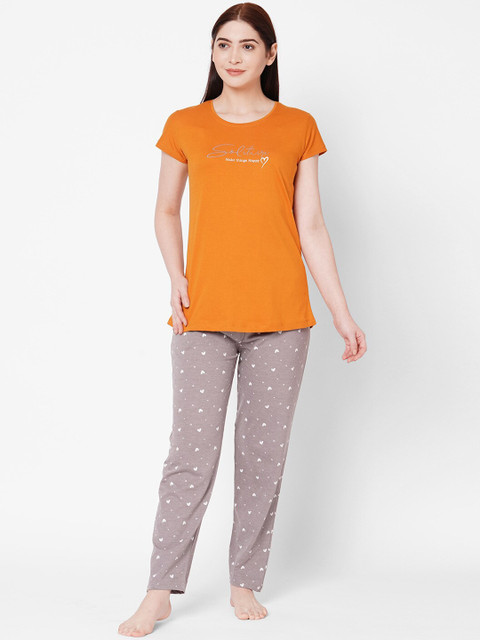 

ZOLA Women Mustard & Grey Printed Night suit