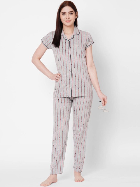 

ZOLA Women Grey & Orange Striped Pure Cotton Night suit