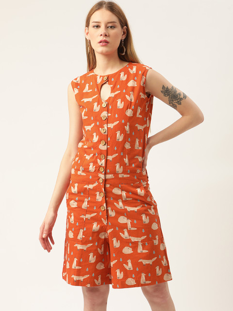 

9teenAGAIN Orange & Beige Printed Playsuit