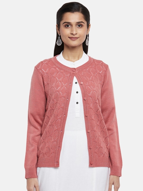 

RANGMANCH BY PANTALOONS Women Peach-Coloured Cable Knit Cardigan