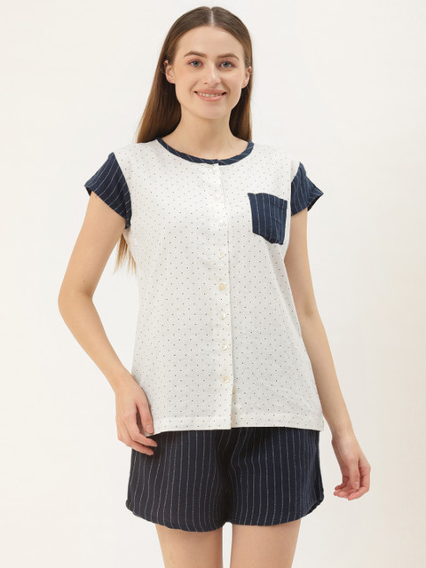 

9teenAGAIN Women Blue & White Printed Pure Cotton Night suit