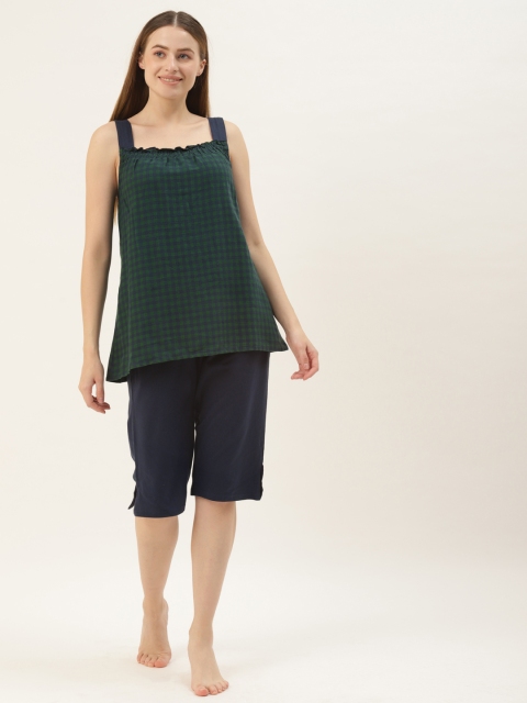 

9teenAGAIN Women Navy Blue & Green Checked Pure Cotton Night suit