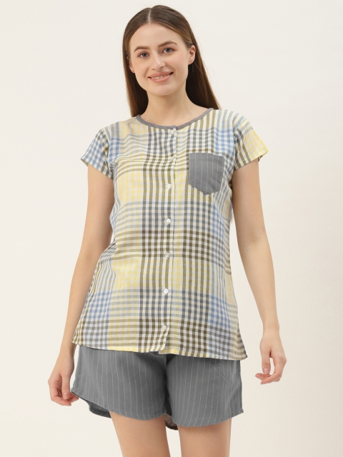 

9teenAGAIN Women Grey & White Checked Pure Cotton Night suit