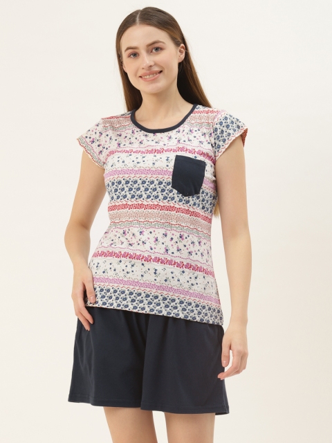 

9teenAGAIN Women Navy Blue & White Printed Pure Cotton Night suit