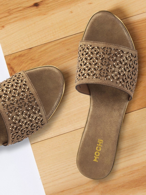 

Mochi Gold-Toned Textured Block Sandals with Laser Cuts