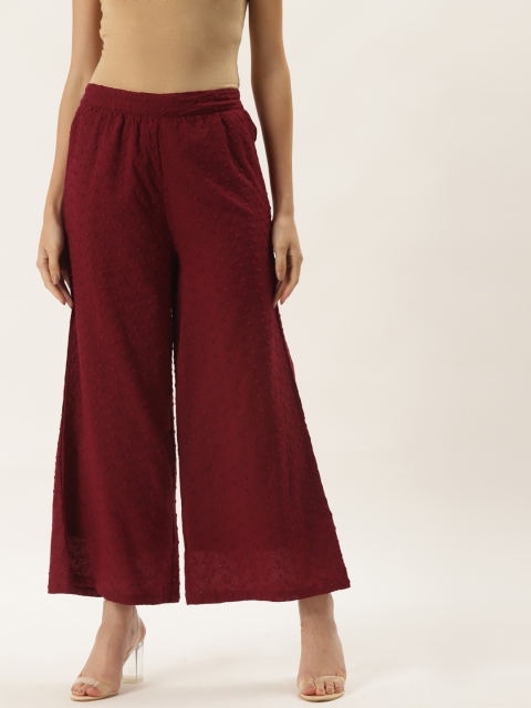 

9teenAGAIN Women Maroon Embroidered Flared Knitted Palazzos