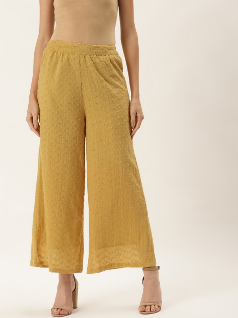 

9teenAGAIN Women Yellow Floral Embroidered Flared Knitted Palazzos