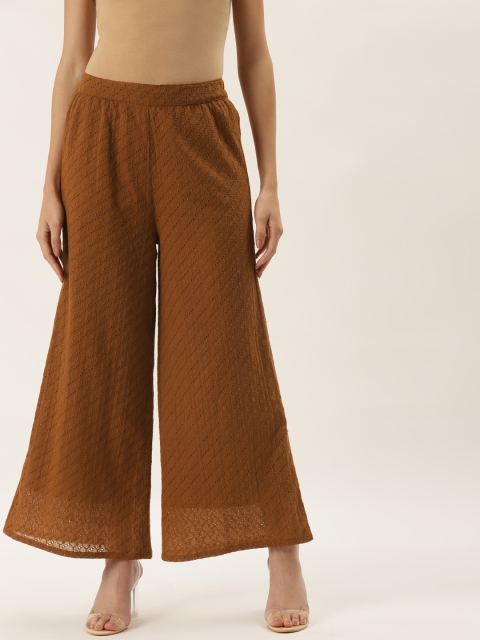 

9teenAGAIN Women Brown Embroidered Flared Knitted Palazzos