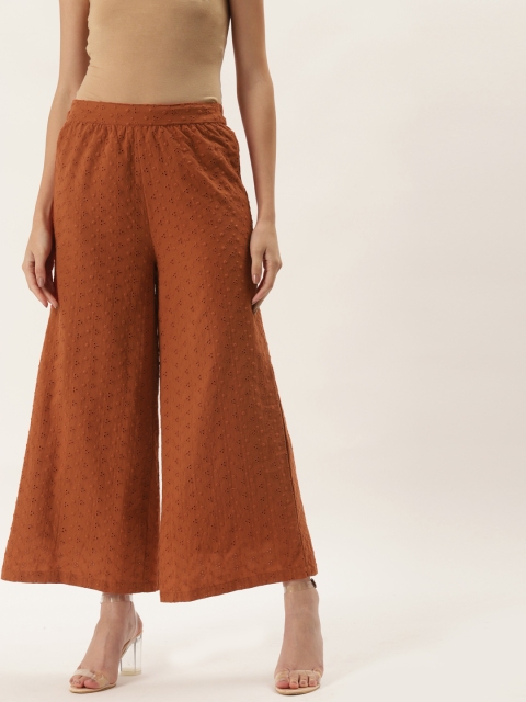 

9teenAGAIN Women Brown Embroidered Flared Knitted Palazzos