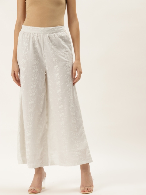 

9teenAGAIN Women White Floral Embroidered Flared Knitted Palazzos