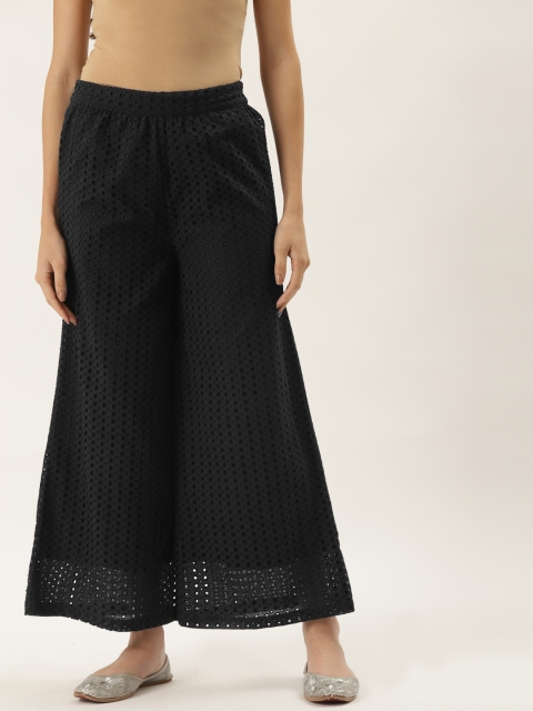 

9teenAGAIN Women Black Embroidered Flared Knitted Palazzos