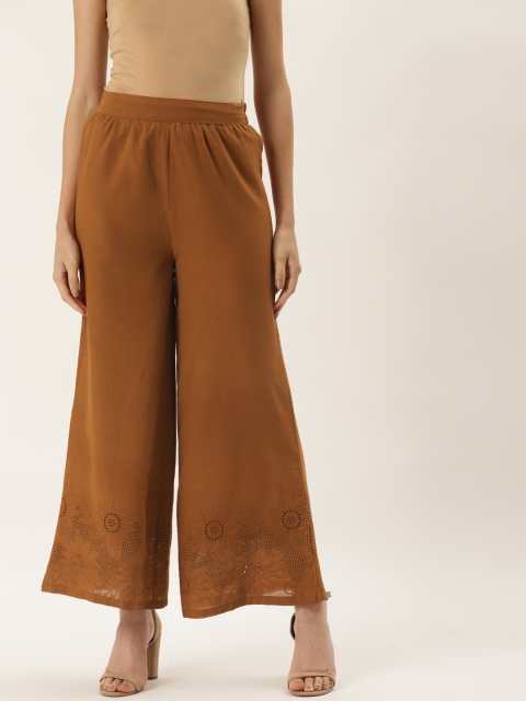 

9teenAGAIN Women Brown Floral Embroidered Flared Knitted Palazzos