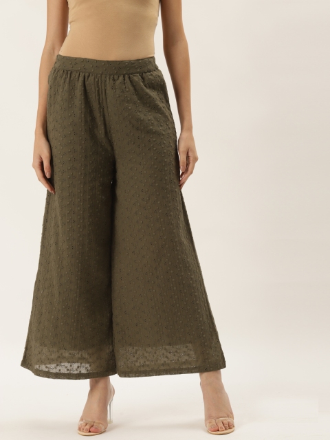 

9teenAGAIN Women Green Embroidered Flared Knitted Palazzos