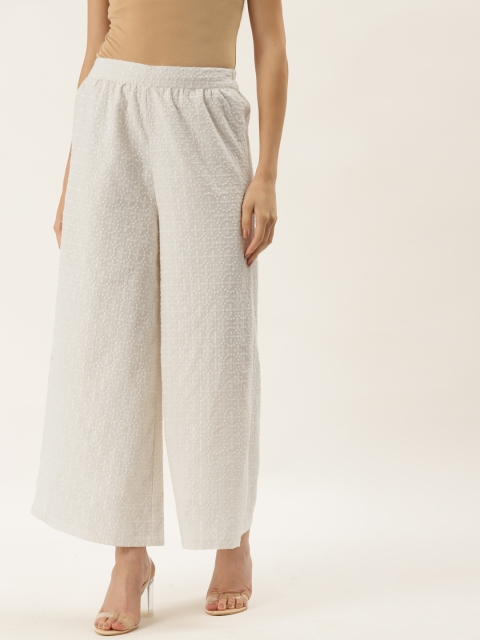 

9teenAGAIN Women Off White Embroidered Flared Knitted Palazzos
