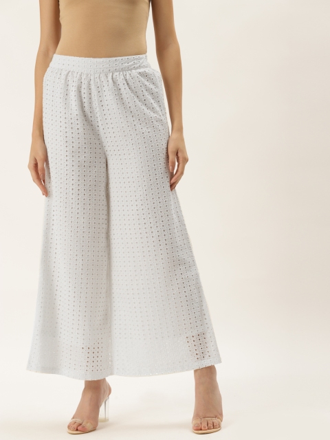 

9teenAGAIN Women White Embroidered Flared Knitted Palazzos