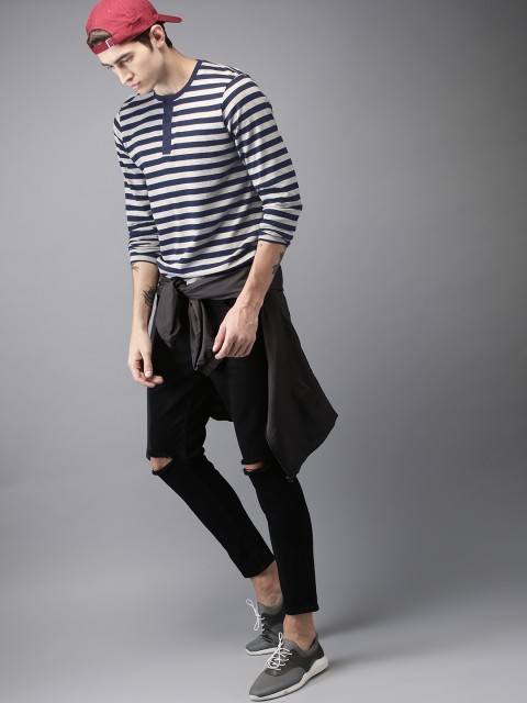 

Moda Rapido Men Navy Blue & Grey Striped Henley Neck T-shirt