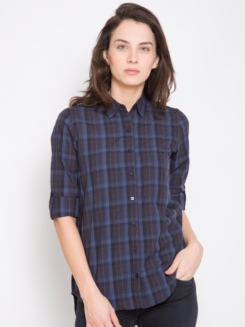 

Tokyo Talkies Women Navy Regular Fit Checked Casual Shirt, Navy blue