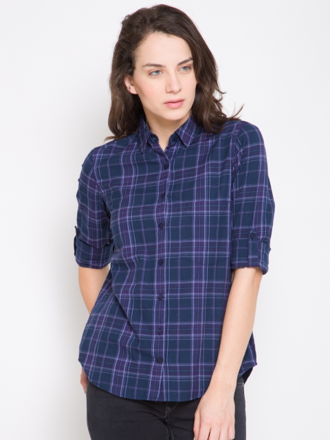 

Tokyo Talkies Women Navy Regular Fit Checked Casual Shirt, Navy blue