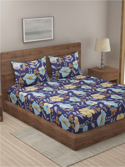 

TAG 7 Pack of 2 Blue & Beige Floral 144 TC Cotton King Bedsheet with 4 Pillow Covers