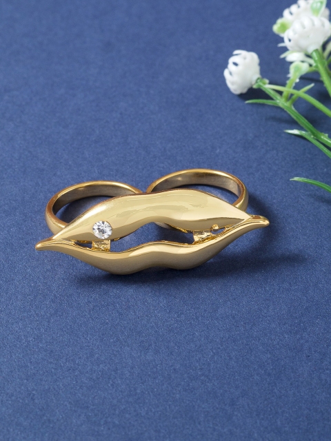 

Golden Peacock Gold-Toned White Stone Studded Lip Shaped Finger Ring