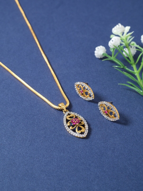 

Golden Peacock Gold-Toned White & Pink Stone-Studded Jewellery Set