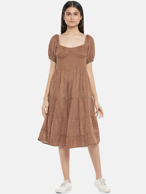 

People Brown & White Polka Dots Printed Midi Fit & Flare Dress