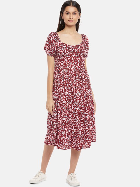 

People Woman Maroon Floral A-Line Midi Dress