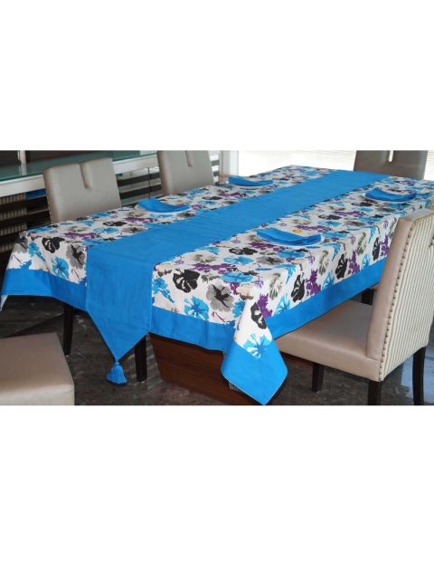 

Lushomes Blue Floral Printed Set Of 12 Seater Table Cloth With 1 Runner & 12 Napkins