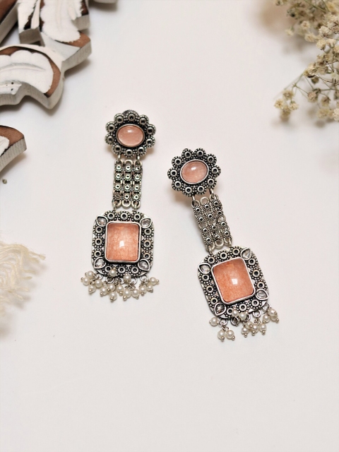

TEEJH Silver-Plated & Orange Geometric Jhumkas Earrings