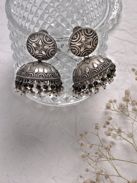 

TEEJH Silver-Toned Dome Shaped Jhumkas Earrings